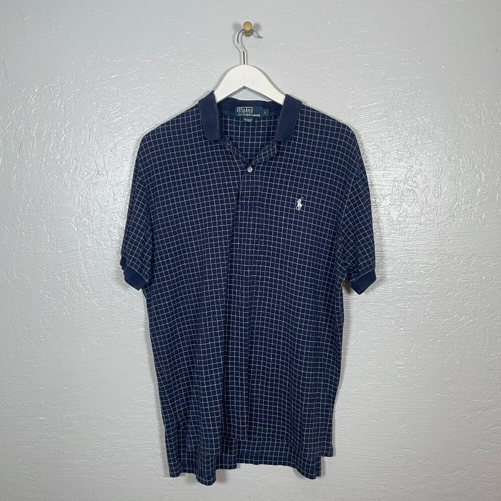 Polo Ralph Lauren Men L Navy Blue White Shirt Window Pane Plaid Preppy Golf